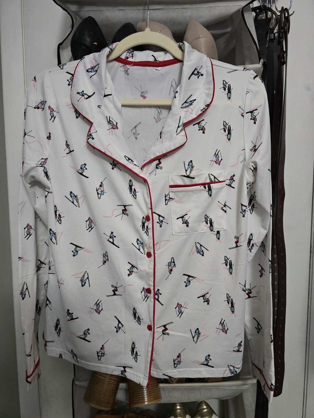 Women's White Ski Print Button-Up Shirt with Red Piping Pajamas